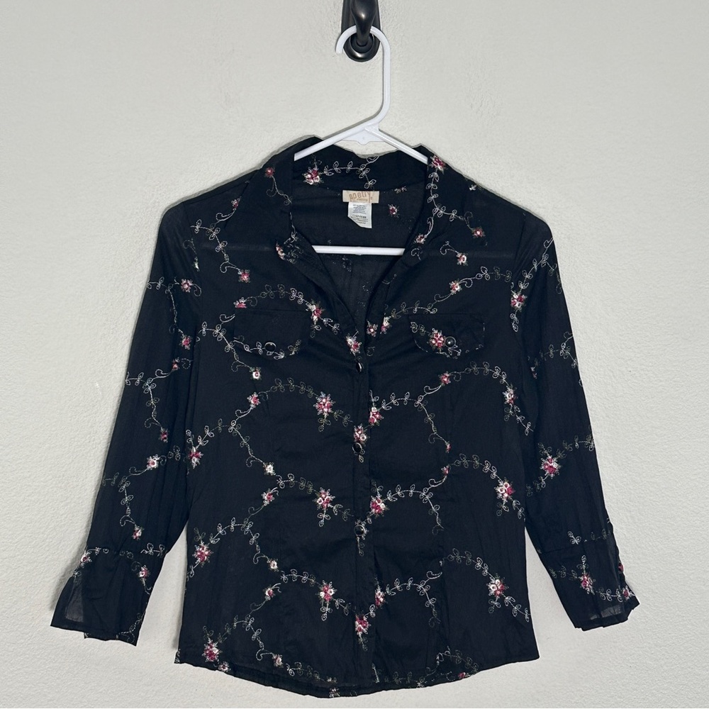 Vintage Poetry Black Floral Embroidered Button Down Shirt Boho Blouse Small